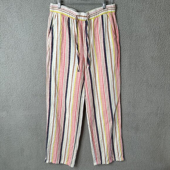 Old Navy Womens Wide Leg Pants M Tall Linen Blend Striped Boho Coastal Resort - Picture 1 of 9